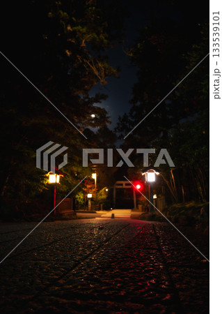 神秘的な夜の鳥居と灯籠の明かり 133539101