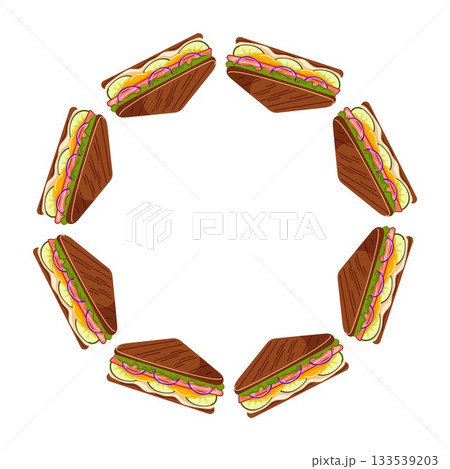 Wreath with sandwich with fresh vegetables, cheese and meat in flat style design for menu or advertisements. Illustration isolated on a white background. Wreath with sandwich with fresh vegetables, cheese and meat in flat style design for menu or advertisements. Illustration isolated on a white background. 133539203