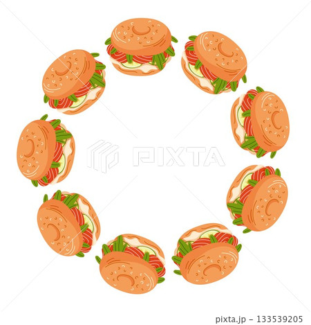 Wreath with bagel sandwich filled smoked salmon, cream cheese, cucumber slices and arugula in flat style. Design for breakfast cafe card, menu restaurant isolated on a white background. Wreath with bagel sandwich filled smoked salmon, cream cheese, cucumber slices and arugula in flat style. Design for breakfast cafe card, menu restaurant isolated on a white background. 133539205