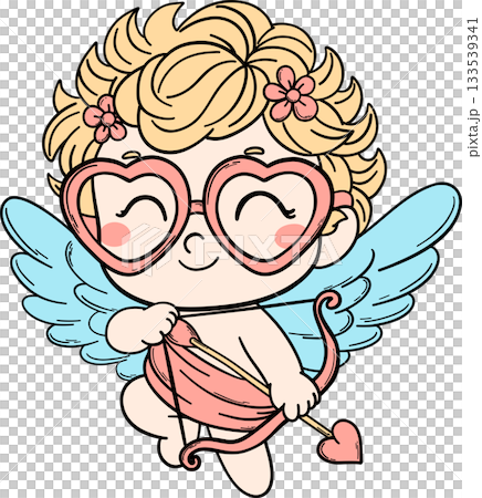 Kid cartoon cupid in flat color style with heart-shaped glasses and a bow. Great for Valentine clipart, love-themed illustrations, greeting cards, and adorable holiday designs. Kid cartoon cupid in flat color style with heart-shaped glasses and a bow. Great for Valentine clipart, love-themed illustrations, greeting cards, and adorable holiday designs. 133539341