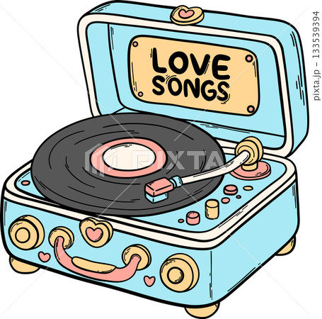 Flat color vintage record player playing a heart-decorated disc titled Love Songs. Ideal for Valentine Day designs, retro music illustrations, and cute kid-style artwork. 133539394