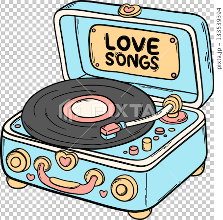 Flat color vintage record player playing a heart-decorated disc titled Love Songs. Ideal for Valentine Day designs, retro music illustrations, and cute kid-style artwork. 133539394