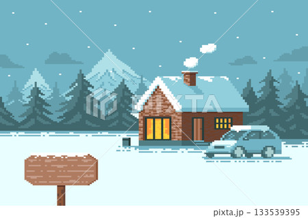 winter landscape with the house pixel with snow winter landscape with the house pixel with snow 133539395