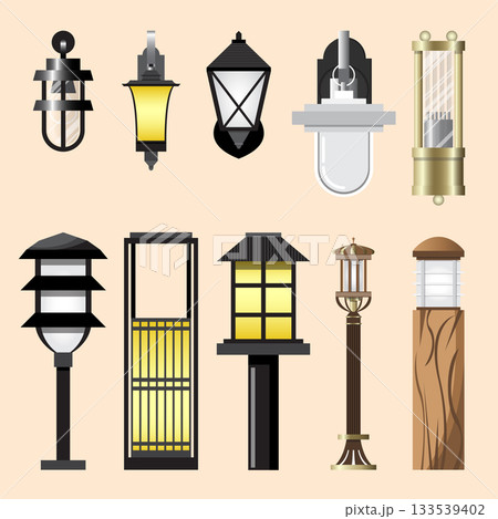 Set of medieval garden lamp icons at night on cream background. 133539402