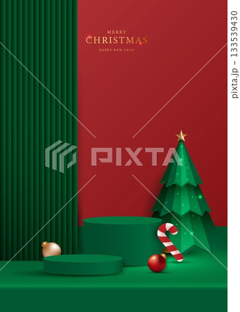 Podium stage for show product display for festive decoration christmas day or new years. stand product showcase on red background with lighting christmas or presentation. vector design. Podium stage for show product display for festive decoration christmas day or new years. stand product showcase on red background with lighting christmas or presentation. vector design. 133539430