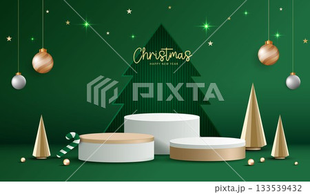 Podium stage for show product display for festive decoration christmas day or new years. stand product showcase on red background with lighting christmas or presentation. vector design. 133539432