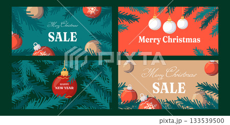 Vector set of Christmas and New Year sale banners with festive decorations, pine branches, and ornaments. Holiday promotional design for advertising, social media, or winter discounts. 133539500