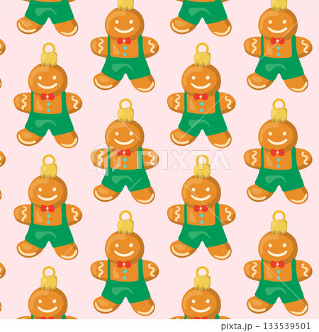 Vector seamless pattern with gingerbread men wearing green pants and red buttons. Cute Christmas design for baking themes, wrapping paper, or children s decor. Vector seamless pattern with gingerbread men wearing green pants and red buttons. Cute Christmas design for baking themes, wrapping paper, or children s decor. 133539501