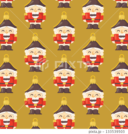 Vector seamless pattern with cute Nutcracker characters on golden background. Holiday illustration for gift wrap, greeting cards, or New Year decoration projects. 133539503