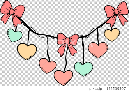 Flat color heart garland with bows in retro kid-style design. Great for Valentine clipart sets, party decorations, greeting cards, and sweet holiday artwork. Flat color heart garland with bows in retro kid-style design. Great for Valentine clipart sets, party decorations, greeting cards, and sweet holiday artwork. 133539507