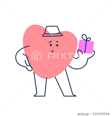 Cute geometric heart character holds gift. Valentine day. Suitable for educational, memory game cards, poster for preschool, etc 133539549