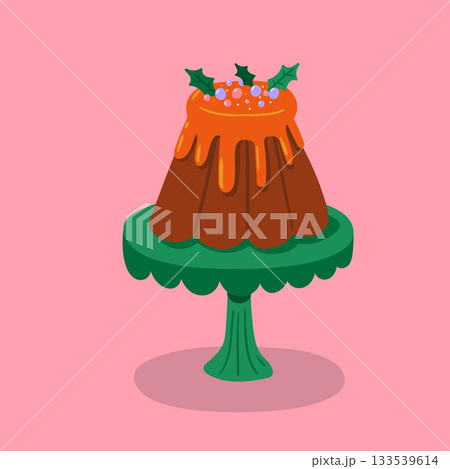 Cute Christmas cake with holly. Cozy festive dessert in vector. Cute Christmas cake with holly. Cozy festive dessert in vector. 133539614