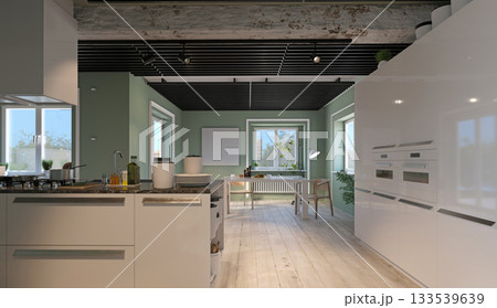 A 3D rendering of a modern kitchen interior. Open plan design with sage green walls and rustic beams 133539639