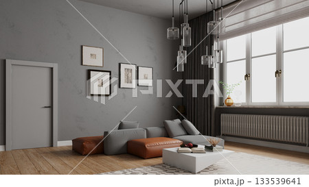 3D rendering of a modern living room interior. Contemporary home with grey walls and a sofa 133539641