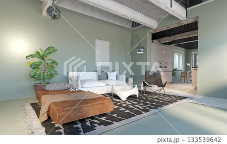 3D rendering of a modern eclectic living room interior. Industrial style apartment with furniture 133539642