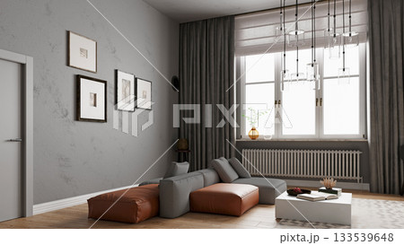 3D rendering of a stylish living room with a modular sofa. Modern home interior design concept 3D rendering of a stylish living room with a modular sofa. Modern home interior design concept 133539648