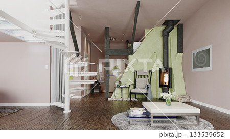3D rendering of a modern living room interior. Home with a spiral staircase and fireplace 3D rendering of a modern living room interior. Home with a spiral staircase and fireplace 133539652