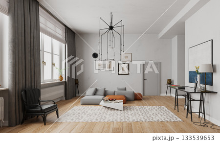 3D rendering of a modern living room interior. Contemporary home with stylish furniture and decor 133539653