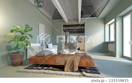 3D rendering of a modern loft apartment living room. Stylish interior design with eclectic decor 133539655