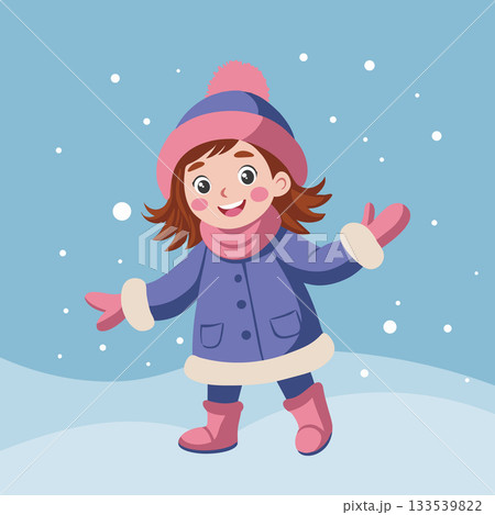 Happy little girl enjoying a snowy winter day. Christmas and New Year illustration. Happy little girl enjoying a snowy winter day. Christmas and New Year illustration. 133539822