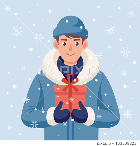 Smiling man in a winter jacket holding a Christmas gift. Holiday illustration. 133539823