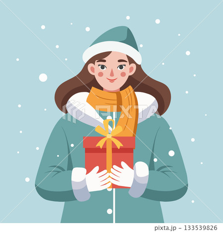 Cheerful woman in a winter jacket holding a Christmas gift. Holiday illustration. Cheerful woman in a winter jacket holding a Christmas gift. Holiday illustration. 133539826