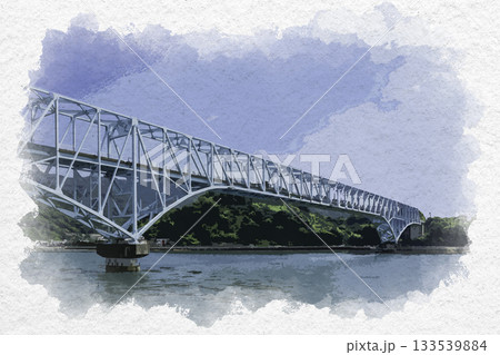水彩画風　安芸灘とびしま海道　蒲刈大橋　広島県呉市 133539884