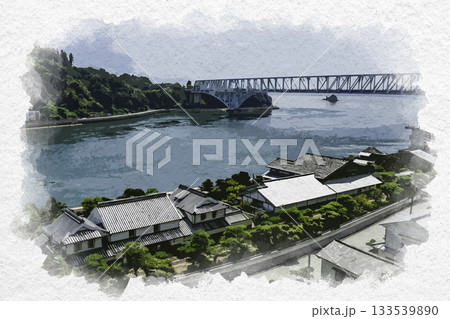 水彩画風 安芸灘とびしま海道 蒲刈大橋と松濤園 広島県呉市 水彩画風 安芸灘とびしま海道 蒲刈大橋と松濤園 広島県呉市 133539890