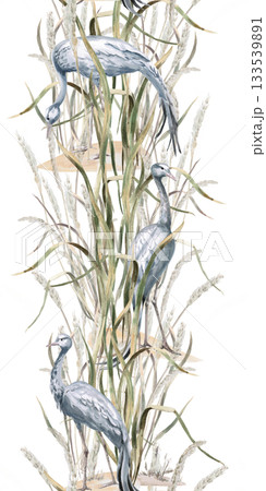A vertical seamless border featuring gray cranes in tall grass. Isolated watercolor illustration for home textiles, eco-friendly projects, fabric printing, and interior design. 133539891