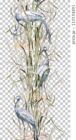 A vertical seamless border featuring gray cranes in tall grass. Isolated watercolor illustration for home textiles, eco-friendly projects, fabric printing, and interior design. 133539891