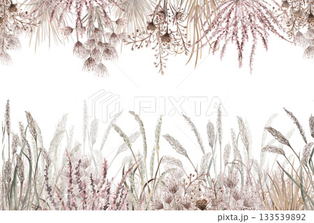 A rectangular frame with bouquets of herbs and flowers from the African steppe. Isolated watercolor illustration for home textiles, eco-friendly projects, fabric printing, and interior design. A rectangular frame with bouquets of herbs and flowers from the African steppe. Isolated watercolor illustration for home textiles, eco-friendly projects, fabric printing, and interior design. 133539892