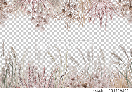 A rectangular frame with bouquets of herbs and flowers from the African steppe. Isolated watercolor illustration for home textiles, eco-friendly projects, fabric printing, and interior design. A rectangular frame with bouquets of herbs and flowers from the African steppe. Isolated watercolor illustration for home textiles, eco-friendly projects, fabric printing, and interior design. 133539892