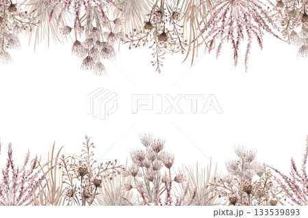 Rectangular frame with bouquets of herbs and flowers of the African savannah. Isolated watercolor illustration for home textiles, eco-friendly projects, fabric printing, and interior design. 133539893