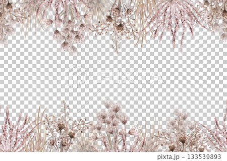 Rectangular frame with bouquets of herbs and flowers of the African savannah. Isolated watercolor illustration for home textiles, eco-friendly projects, fabric printing, and interior design. 133539893