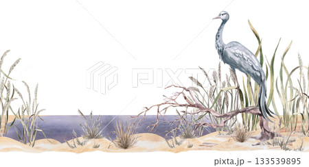 A seamless border featuring a common crane by a pond. Isolated watercolor illustration for home textiles, eco-friendly projects, fabric printing, and interior design. 133539895