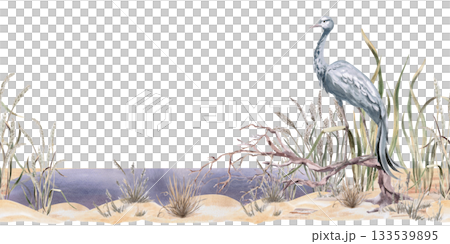 A seamless border featuring a common crane by a pond. Isolated watercolor illustration for home textiles, eco-friendly projects, fabric printing, and interior design. 133539895