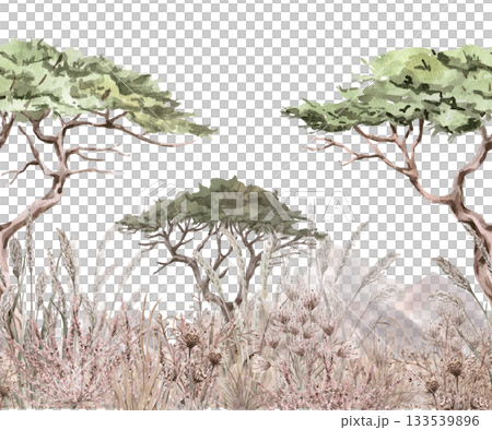 Seamless border with an African savannah against a mountain backdrop. Isolated watercolor illustration for home textiles, eco projects, fabric printing, and interior design. Seamless border with an African savannah against a mountain backdrop. Isolated watercolor illustration for home textiles, eco projects, fabric printing, and interior design. 133539896