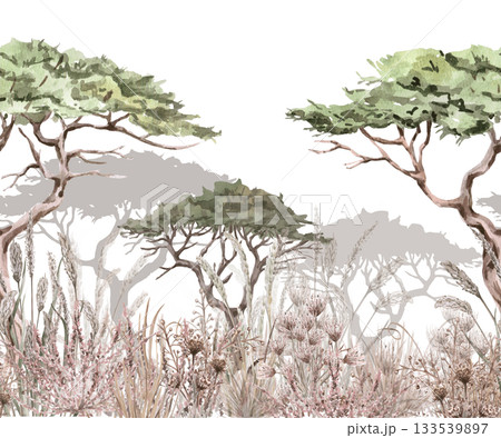 Seamless border with an African savannah. Isolated watercolor illustration for home textiles, eco-friendly projects, fabric printing, and interior design. 133539897