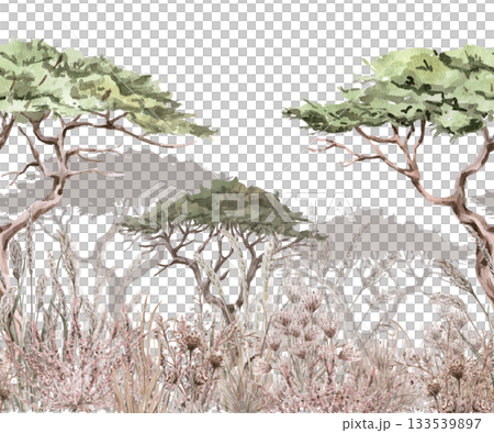 Seamless border with an African savannah. Isolated watercolor illustration for home textiles, eco-friendly projects, fabric printing, and interior design. 133539897
