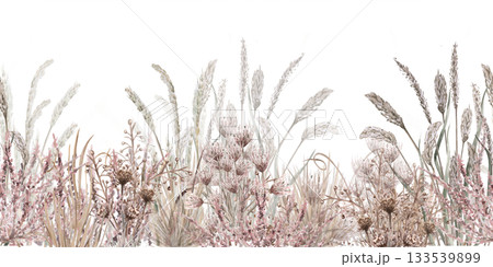 Seamless border of steppe flowers. Isolated watercolor illustration of a field of dried flowers for home textiles, eco-friendly projects, fabric printing, and interior design. 133539899