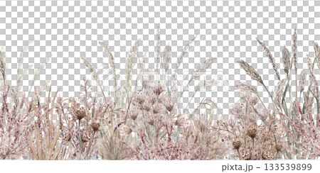 Seamless border of steppe flowers. Isolated watercolor illustration of a field of dried flowers for home textiles, eco-friendly projects, fabric printing, and interior design. 133539899