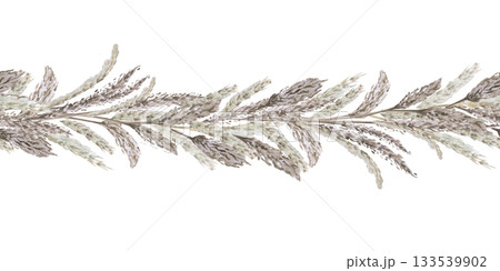 Seamless border of African steppe grasses. Isolated watercolor illustration of dried flowers for home textiles, eco-friendly projects, fabric printing, and interior design. 133539902