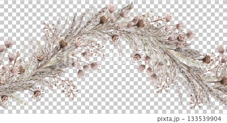 A seamless wave-shaped border of African steppe grasses and flowers. Isolated watercolor illustration for home textiles, eco-friendly projects, fabric printing, and interior design. 133539904