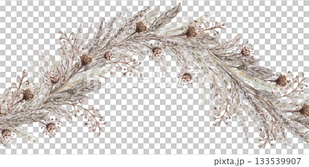 A seamless wave-shaped border of steppe grasses and flowers. Isolated watercolor illustration for home textiles, eco-friendly projects, fabric printing, and interior design. A seamless wave-shaped border of steppe grasses and flowers. Isolated watercolor illustration for home textiles, eco-friendly projects, fabric printing, and interior design. 133539907