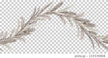 A seamless wave-shaped border of steppe grasses. Isolated watercolor illustration for home textiles, eco-friendly projects, fabric printing, and interior design. A seamless wave-shaped border of steppe grasses. Isolated watercolor illustration for home textiles, eco-friendly projects, fabric printing, and interior design. 133539908
