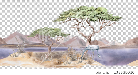 A seamless landscape border with grasses, trees, and cranes against a backdrop of mountains and a pond. Isolated watercolor illustration for environmental design projects and nature reserve tickets. A seamless landscape border with grasses, trees, and cranes against a backdrop of mountains and a pond. Isolated watercolor illustration for environmental design projects and nature reserve tickets. 133539910