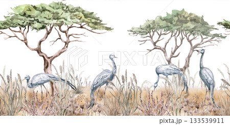 A seamless border featuring an African steppe landscape with grasses, trees, and cranes. Isolated watercolor illustration for environmental design projects and nature reserve tickets. A seamless border featuring an African steppe landscape with grasses, trees, and cranes. Isolated watercolor illustration for environmental design projects and nature reserve tickets. 133539911