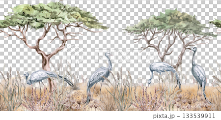 A seamless border featuring an African steppe landscape with grasses, trees, and cranes. Isolated watercolor illustration for environmental design projects and nature reserve tickets. A seamless border featuring an African steppe landscape with grasses, trees, and cranes. Isolated watercolor illustration for environmental design projects and nature reserve tickets. 133539911