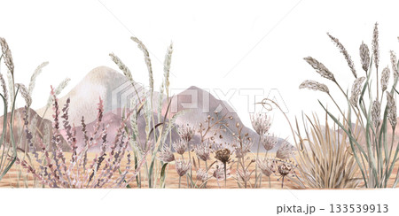 A seamless border featuring an African steppe landscape with grassy mountains in the foreground. Isolated watercolor illustration for environmental design projects, such as tickets to nature reserves. 133539913
