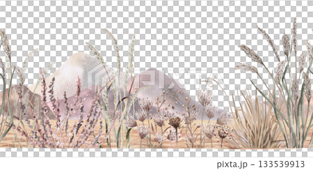 A seamless border featuring an African steppe landscape with grassy mountains in the foreground. Isolated watercolor illustration for environmental design projects, such as tickets to nature reserves. 133539913